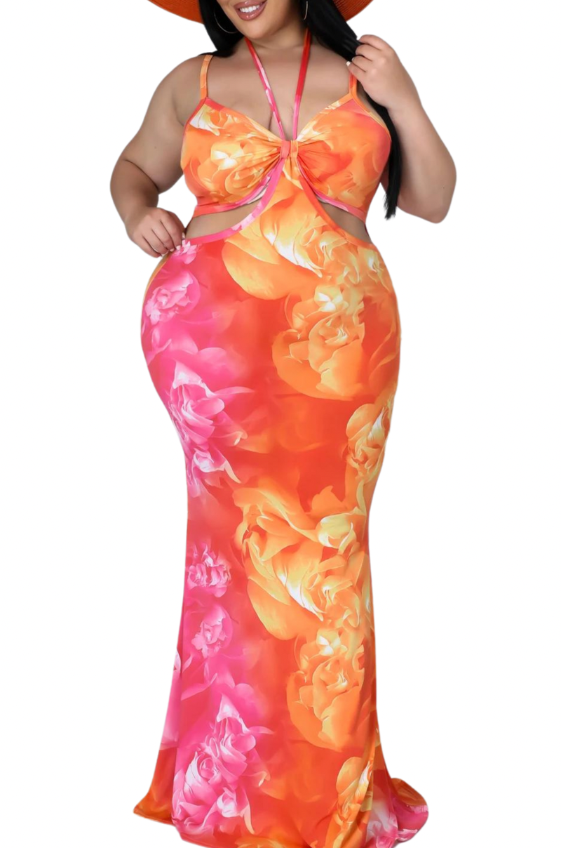 Final Sale Plus Size Maxi Dress with Cut Outs in Orange & Pink Print Summer