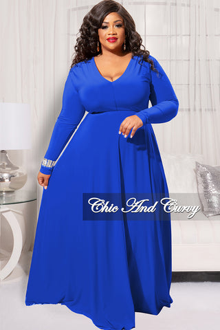 Final Sale Plus Size Long Sleeve Gown with V-Neck in Royal Blue