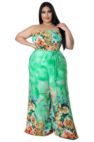 Final Sale Plus Size Jumpsuit with Tie Waist in Light Green Floral Print