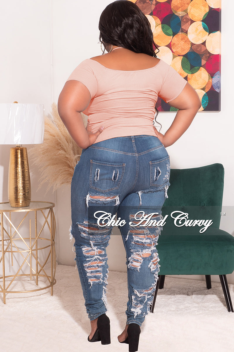 Final Sale Plus Size Ribbed Ruched Drawstring Crop Top in Soft Pink