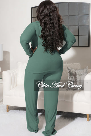 Final Sale Plus Size 2pc Ribbed Long Sleeve Top and Pants Set in Sage