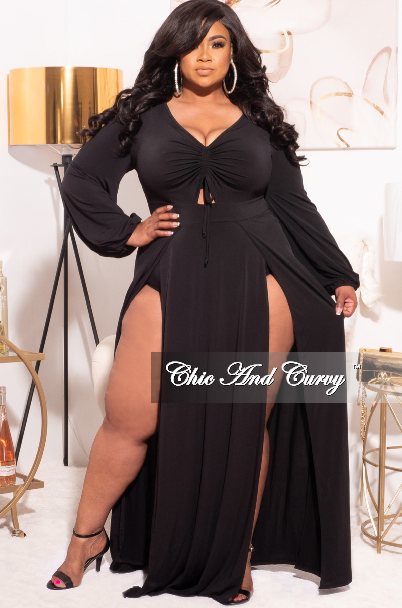 Final Sale Plus Size Ruched Maxi Dress with Double Slits in Black - 2x 14/16 Final Sale Plus Size Ruched Maxi Dress with Double Slits in Black - 2x 14/16