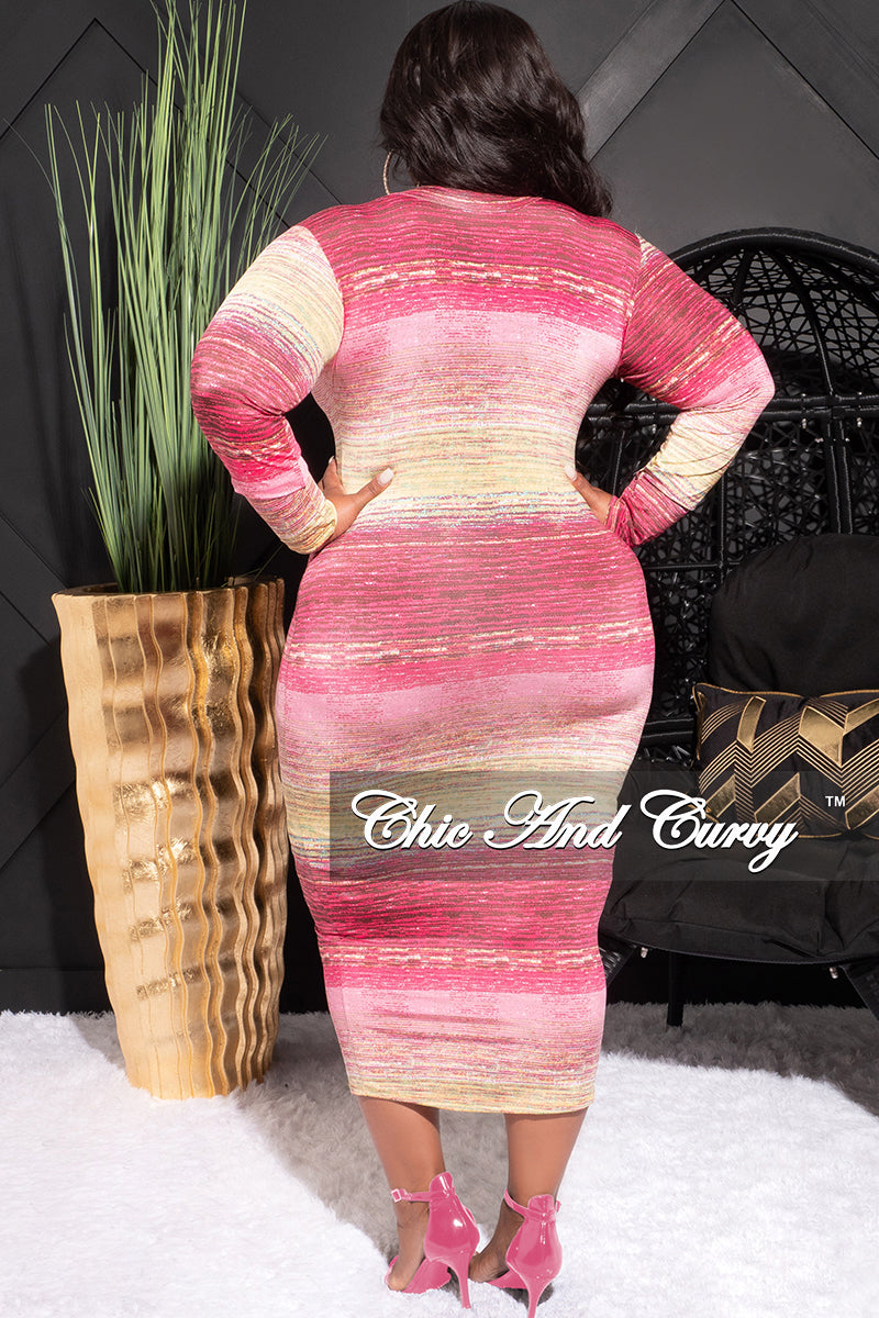 Final Sale Plus Size Reversible Long Sleeve BodyCon Dress in Pink Print