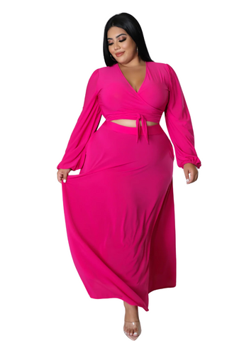 Final Sale Plus Size 2pc Long Sleeve Crop Tie Top and Skirt Set in Fuchsia