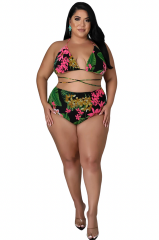 Final Sale Plus Size 3pc Poolside Playsuit (Bikini Top, High Waist Bottoms & Pants) Set in Black & Pink Floral Print Queen