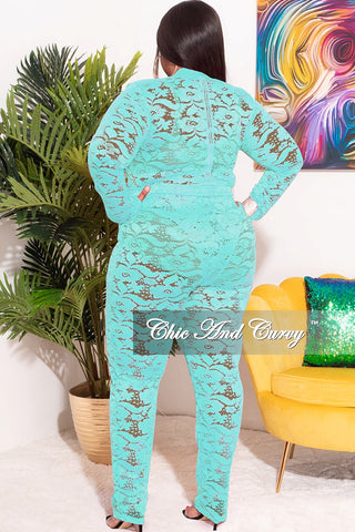Final Sale Plus Size 2pc Lace Bodysuit & Pants in Aqua