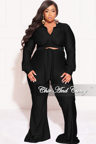 Final Sale Plus Size Shiny 2pc Collar Button Up Crop Tie Top and Bell Bottom Pants Set in Black