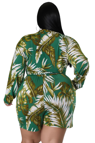 Final Sale Plus Size 2pc Crop Top & Bermuda Short Set in Green & Olive Palm Print
