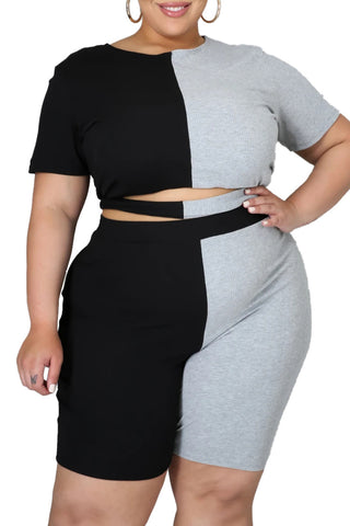 Final Sale Plus Size Half & Half 2pc Set in Black & Grey
