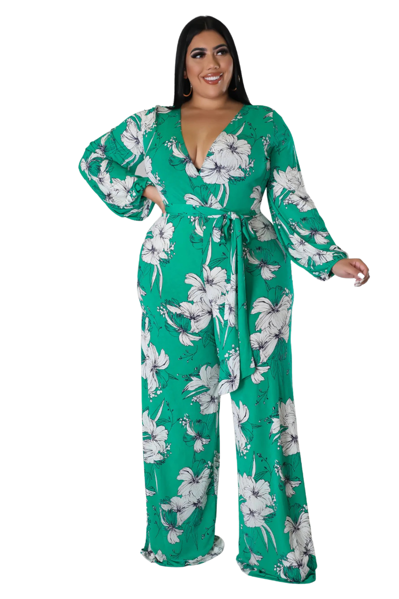 Final Sale Plus Size Deep V Jumpsuit with Tie in Green and White Floral Print