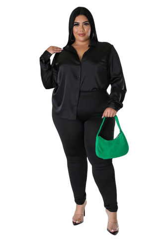 Final Sale Plus Size 2pc Button Up Collar Top and Pants Set in Black