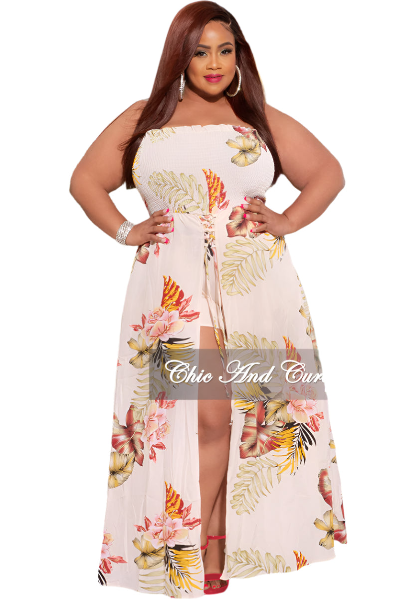Final Sale Plus Size Strapless Romper in Ivory Floral Print - 3x 18/20 Final Sale Plus Size Strapless Romper in Ivory Floral Print - 3x 18/20