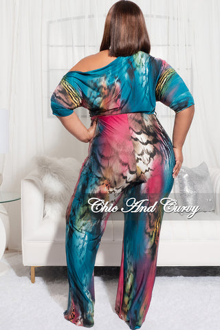 Final Sale Plus Size Off the Shoulder Jumpsuit with Tie in Multi Color Mix Animal Print