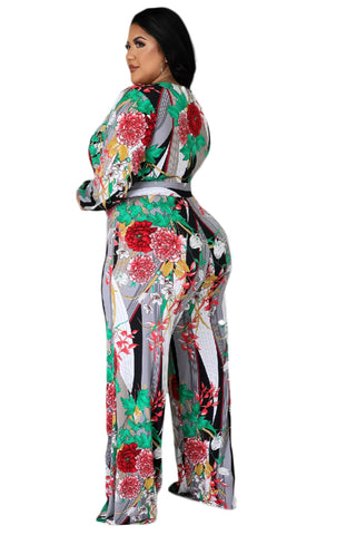Final Sale Plus Size Wide Leg Jumpsuit in Black, White, Green, & Red Print Fall