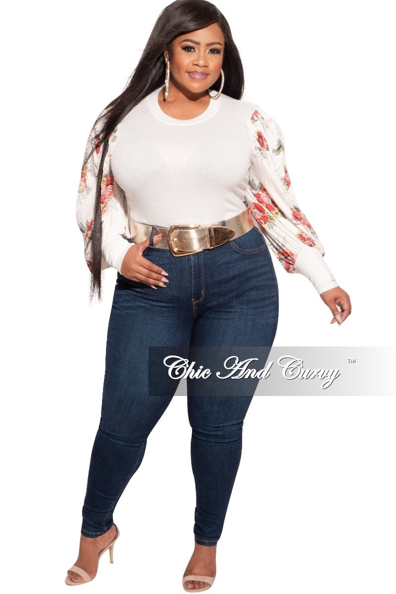Final Sale Plus Size Long Sleeve Ribbed Top with Puffy Sleeves in Off White Floral Print