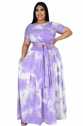 Final Sale Size 2pc Tie Top Maxi Skirt Set in Purple & White Tie Dye