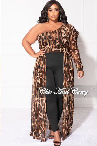Final Sale Plus Size One Shoulder Mesh Top with Train in Leopard Print