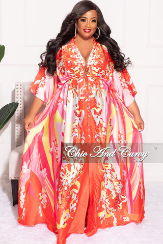 Final Sale Plus Size Satin Button Up Maxi Dress in Red Pink and Neon Yellow Design Print