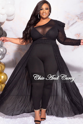 Final Sale Plus Size One Shoulder Mesh Top with Train in Black Glitter Fabric