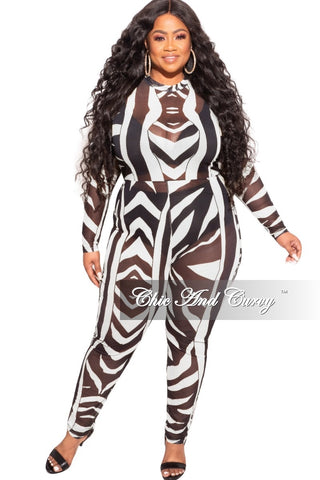 Final Sale Plus Size See Through Mesh Jumpsuit in Black and White Zebra Print