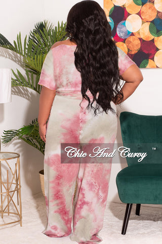 Final Sale Plus Size 2pc Short Sleeve Tie Top and Pants Set in Mauve and Grey Tie Dye Print