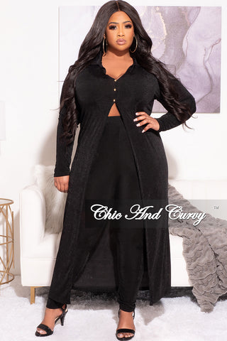 Final Sale Plus Size 2pc Set Duster Top with Front Gold Buttons and Matching Pants in Black Slinky Fabric