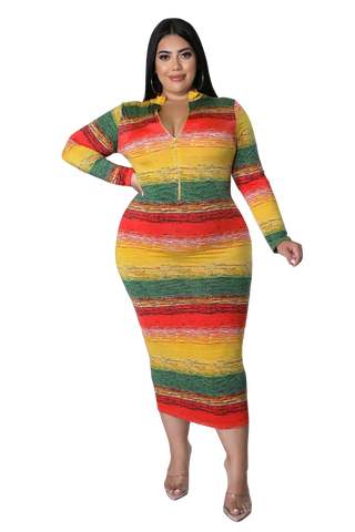 Final Sale Plus Size Reversible Long Sleeve BodyCon Dress in Green & Yellow Print