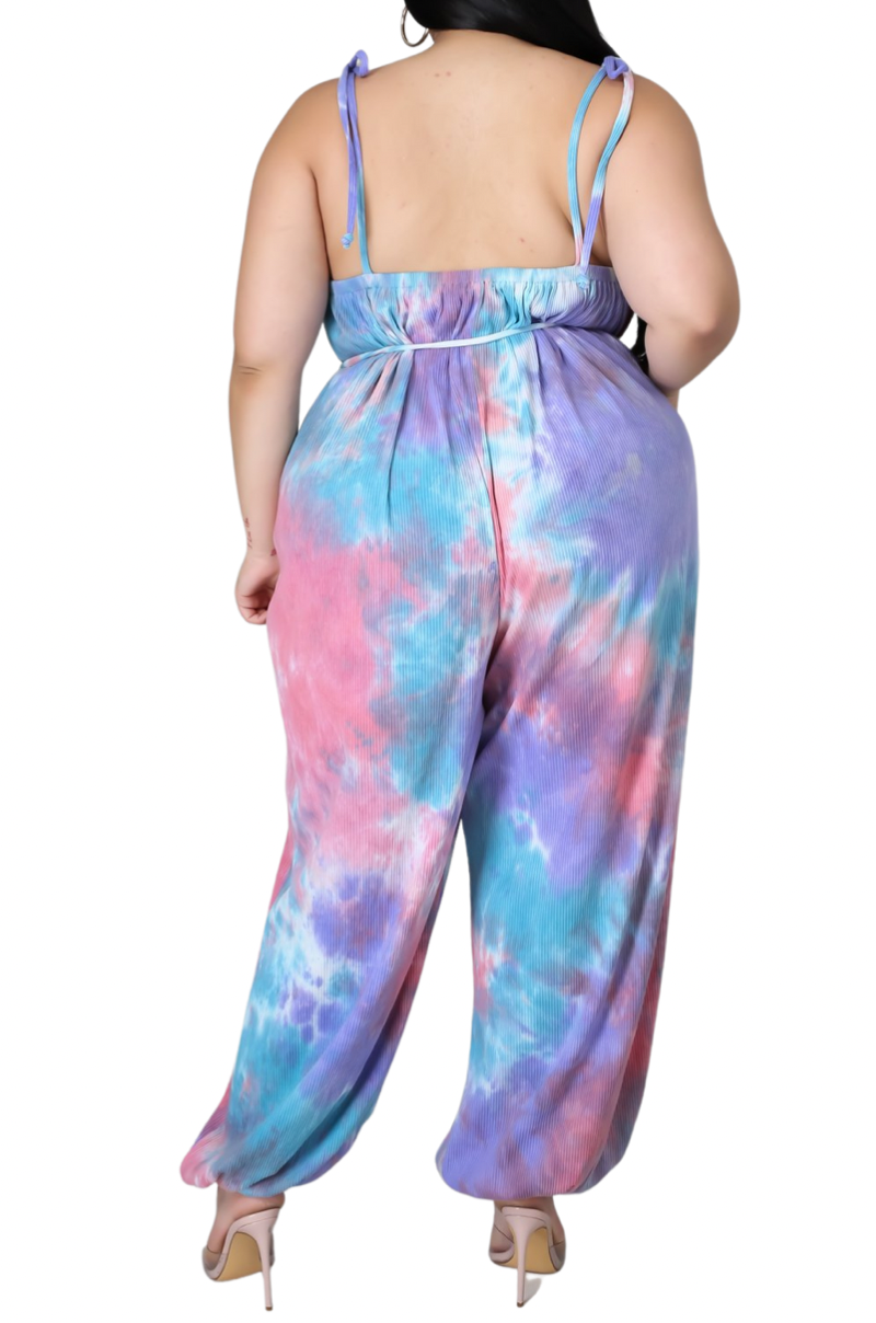 Final Sale Plus Size Jumpsuit in Pink, Purple, & Blue with Spaghetti Straps & Belt