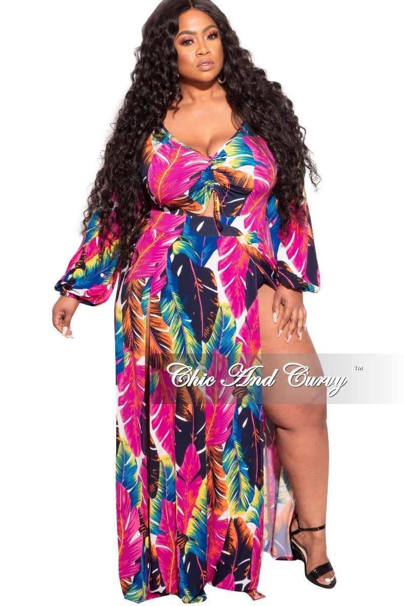 Final Sale Plus Size Ruched Maxi Dress with Double Slits in Multi-Color Leaf Print