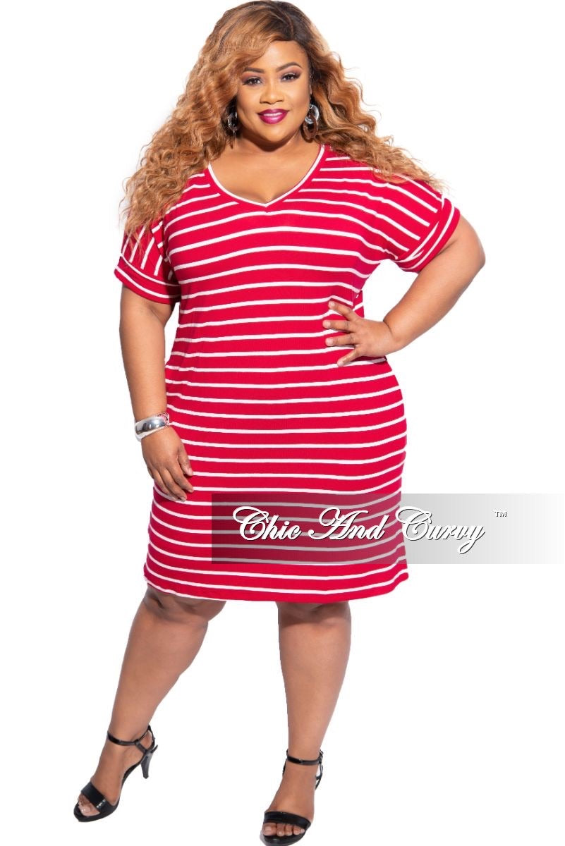 Final Plus Size Rolled Sleeve V-Neck Dress in Burgundy with Ivory Stripes