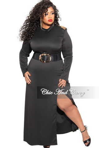 Final Sale Plus Size Dress with Spiked Shoulder Applique and Front Side Slit in Black