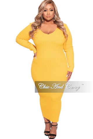 Final Sale Plus Size BodyCon Ribbed Knit Dress in Gold Yellow