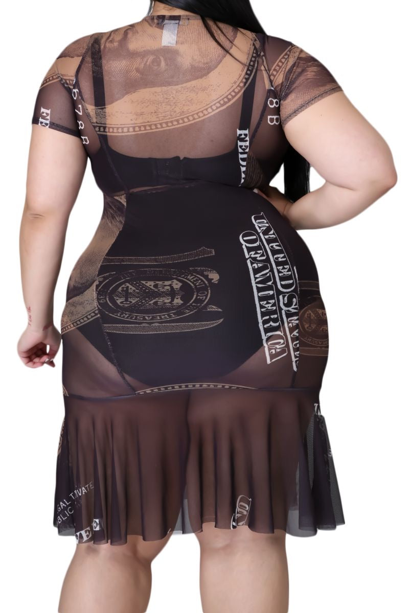 Final Sale Plus Size Lace Up Brown Money Print Sheer Mesh Dress Final Sale Plus Size Lace Up Brown Money Print Sheer Mesh Dress