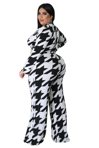 Final Sale Plus Size 2pc Collar Crop Faux Wrap Tie Top and Pants Set in Black & Off White Houndstooth Print