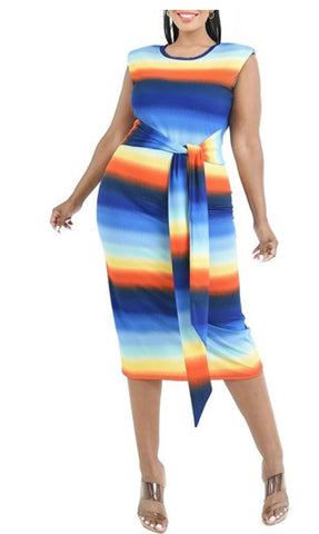 Final Sale Plus Size Light Ribbed Sleeveless Shoulder Pad Midi Dress with Waist Tie in Blue Multi-Color Print