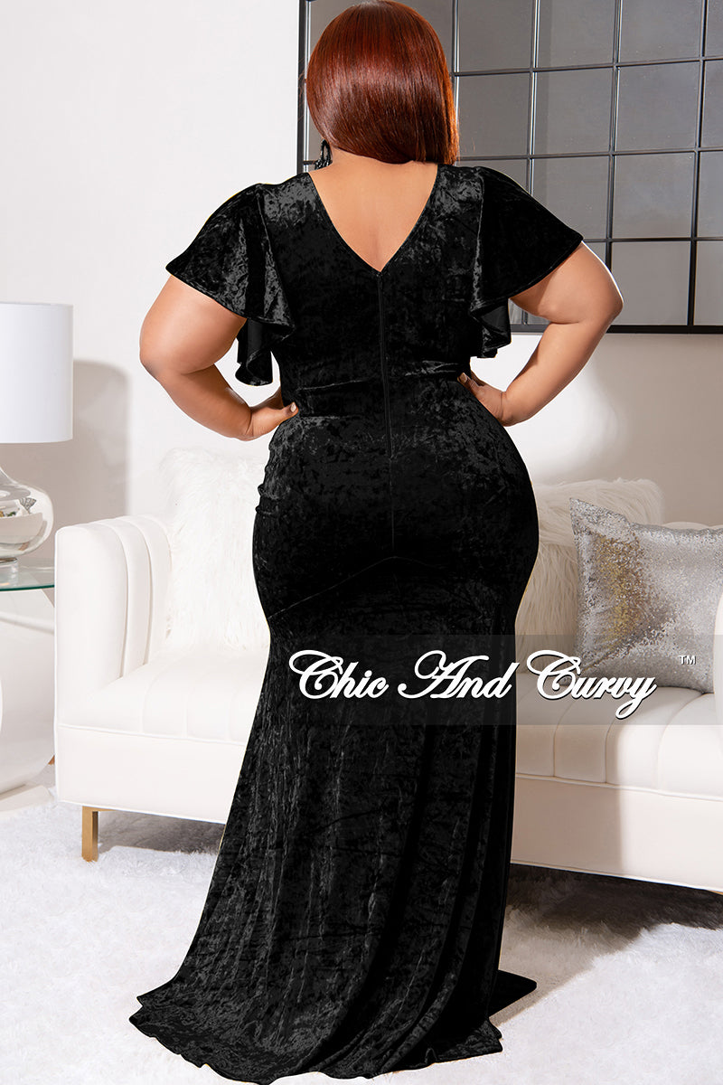 Final Sale Plus Size Faux Wrap Sleeves Gown Velvet in Black