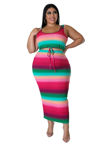 Final Sale Plus Size Ribbed 2pc Crop Drawstring Top and Pencil Skirt in Fuchsia Green and Orange