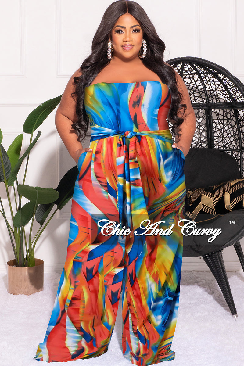 Final Sale Plus Size Strapless Jumpsuit with Waist Tie in Multi Color Print