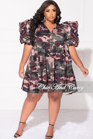 Final Sale Plus Size Short Puffy Sleeve 3-Tiered Button Up Collar Baby Doll Dress in Camouflage Print