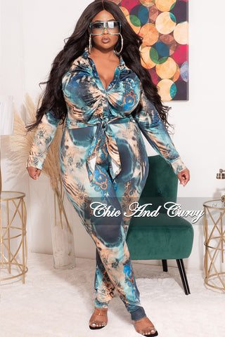Final Sale Plus Size 2pc Self Tie Crop Top & Pants Set in Navy Turquoise and Tan