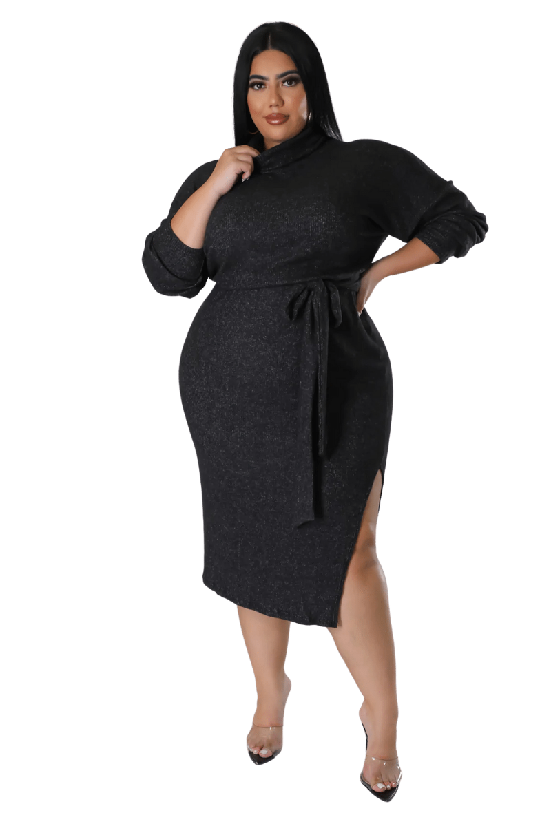 Final Sale Plus Size Long Sleeve Turtleneck Dress with Waist Tie and Slit in Black