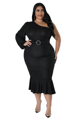 Final Sale Plus Size Shimmer One Shoulder Midi Dress with Bottom Ruffle in Black
