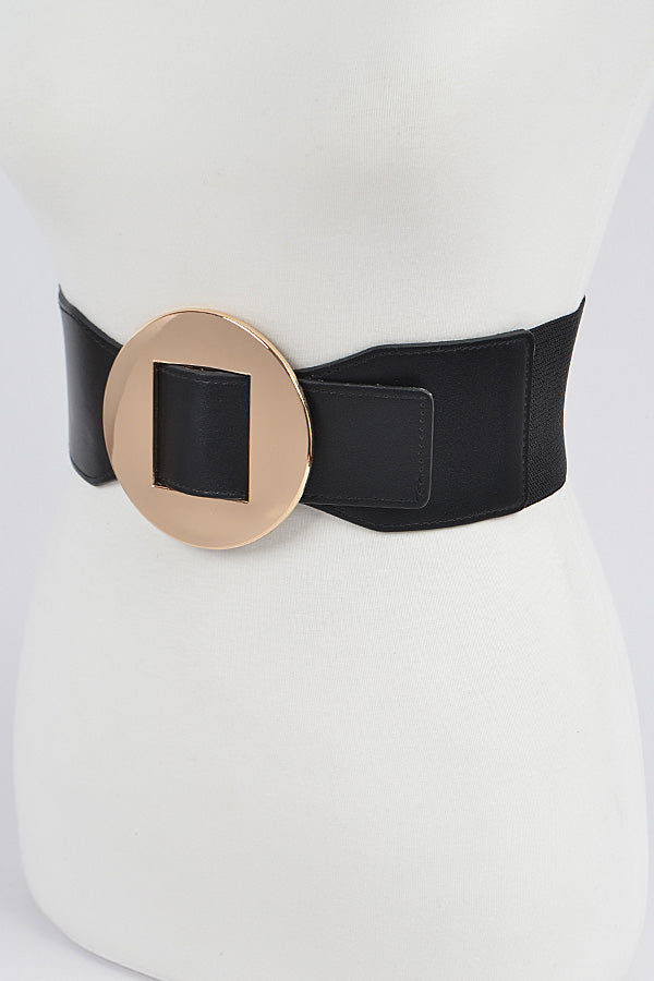 Final Sale Plus Size Faux Leather Wide Elastic Black Belt with Gold Round Buckle