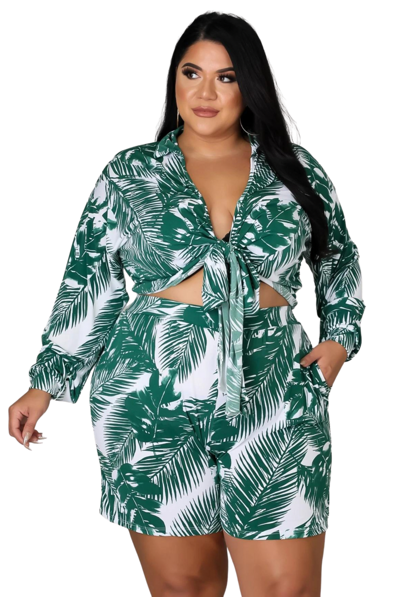 Final Sale Plus Size 2pc Crop Top & Bermuda Short Set in Green Palm Print