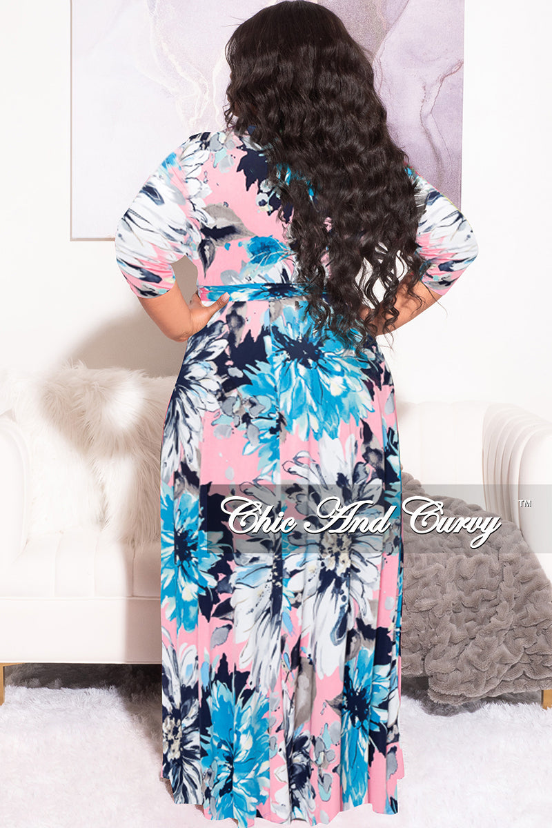 Final Sale Plus Size Faux Wrap Dress in Blue Floral Print