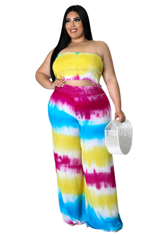 Final Sale Plus Size 2pc Strapless Frill Crop Top and Palazzo Pants Set Multi-Color Tie Dye Print