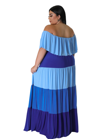 Final Sale Plus Size Off The Shoulder Tiered Maxi Dress in in Baby Blue and Royal Blue