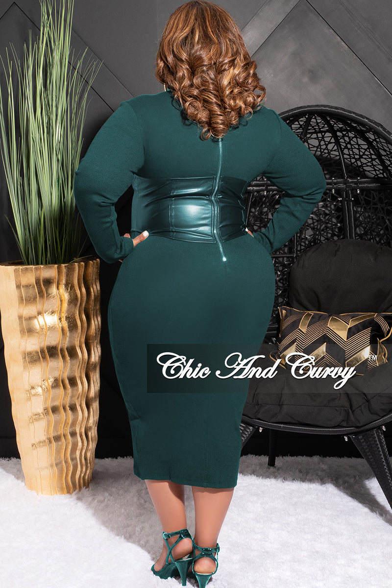 Final Sale Plus Size Thick Knit Sweater Dress with Faux Leather Corset Waist Midi Dress in Forest Green - 3X 22 Final Sale Plus Size Thick Knit Sweater Dress with Faux Leather Corset Waist Midi Dress in Forest Green - 3X 22
