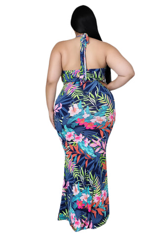 Final Sale Plus Size 2pc Halter Crop Tie Top and Maxi Skirt Set in Blue Floral Multi Color Print