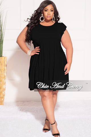 Final Sale Plus Flutter Sleeve 3-Tiered Baby Doll Dress in Black (Stretchy)